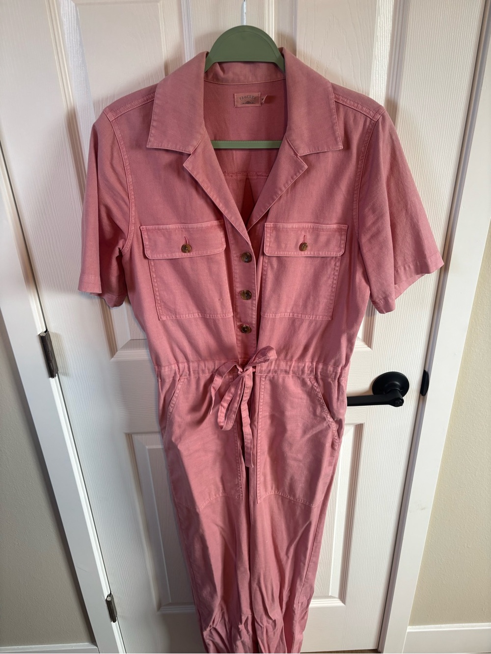 Faherty Dusty Rose Short-Sleeve Utility Jumpsuit with Tie Waist